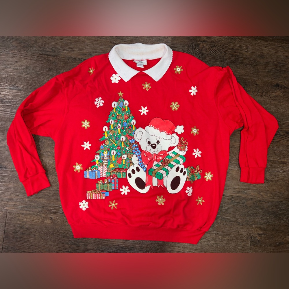 Size 2X YS studio red Christmas sweater shirt with white collar.  Ugly Christmas